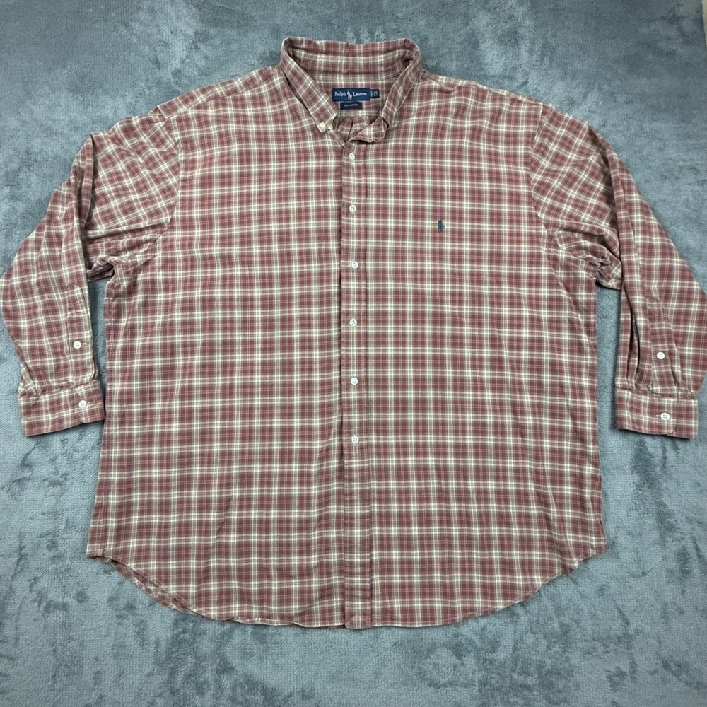 Ralph Lauren Mens 3X Big Plaid Button Down Shirt Burgundy Cotton Long Sleeve